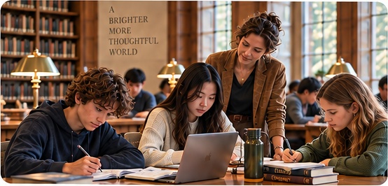 Students working together with an educator in a Study Salon